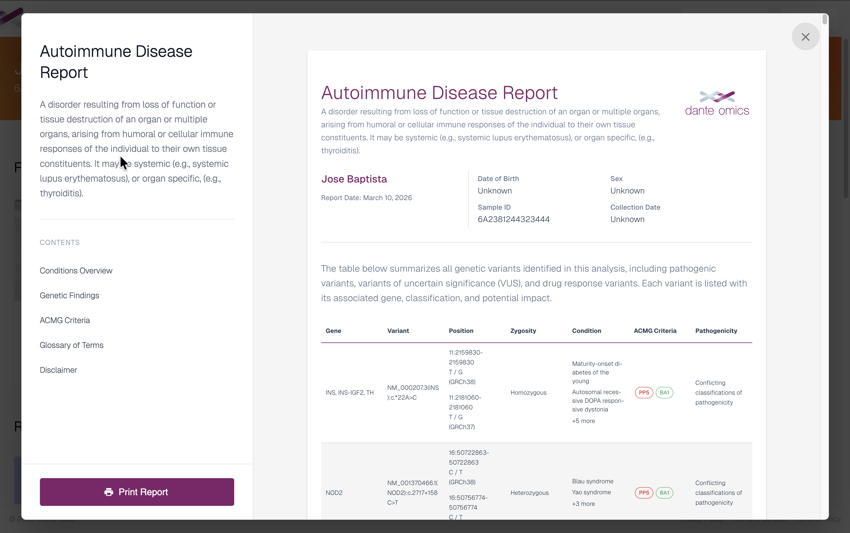 Physician-ready clinical report: Autoimmune Disease Report overview with variant table